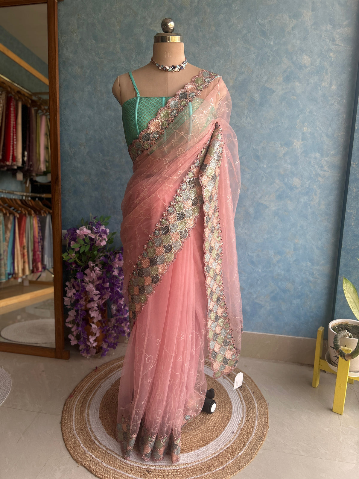Pastle Pink Designer Net Sari — view 2