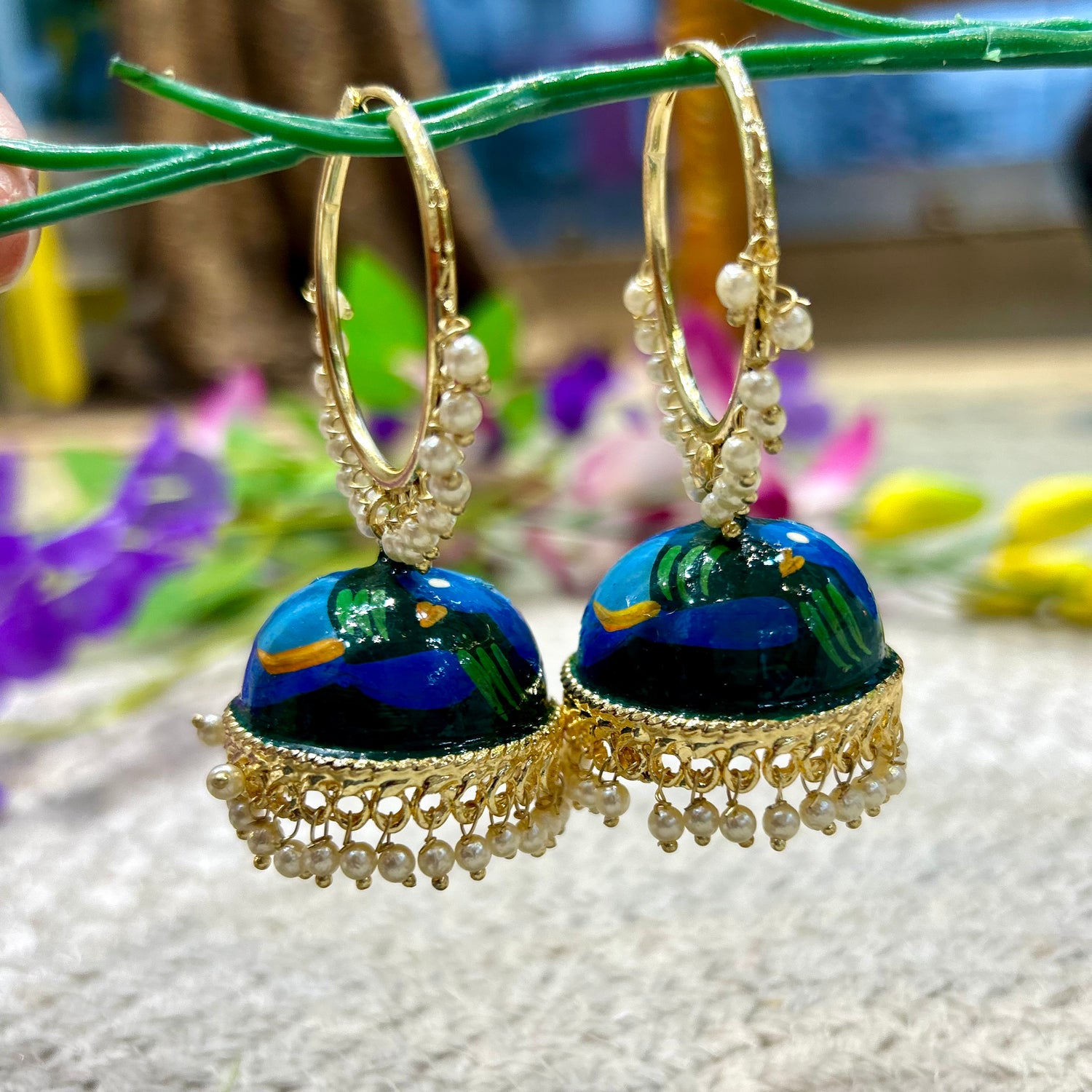 Blue Hand Painted Jhumka — view 2