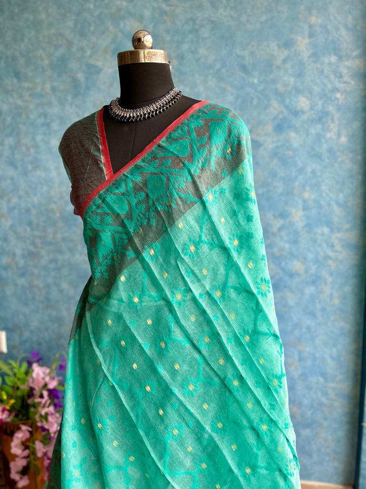 Turquoise and Pink Soft Dhakai Jamdani