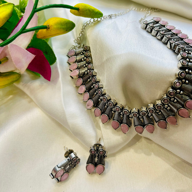 Baby Pink Silver Look Alike Oxidised Necklace Set