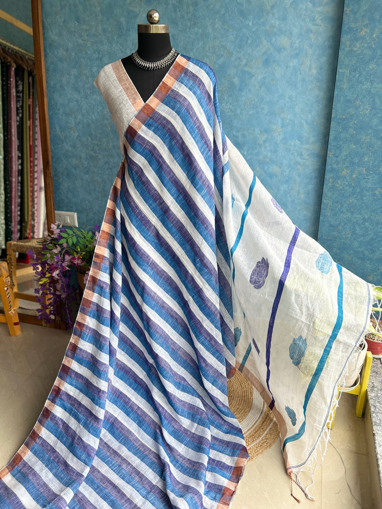 Blue White Linen Handloom Saree