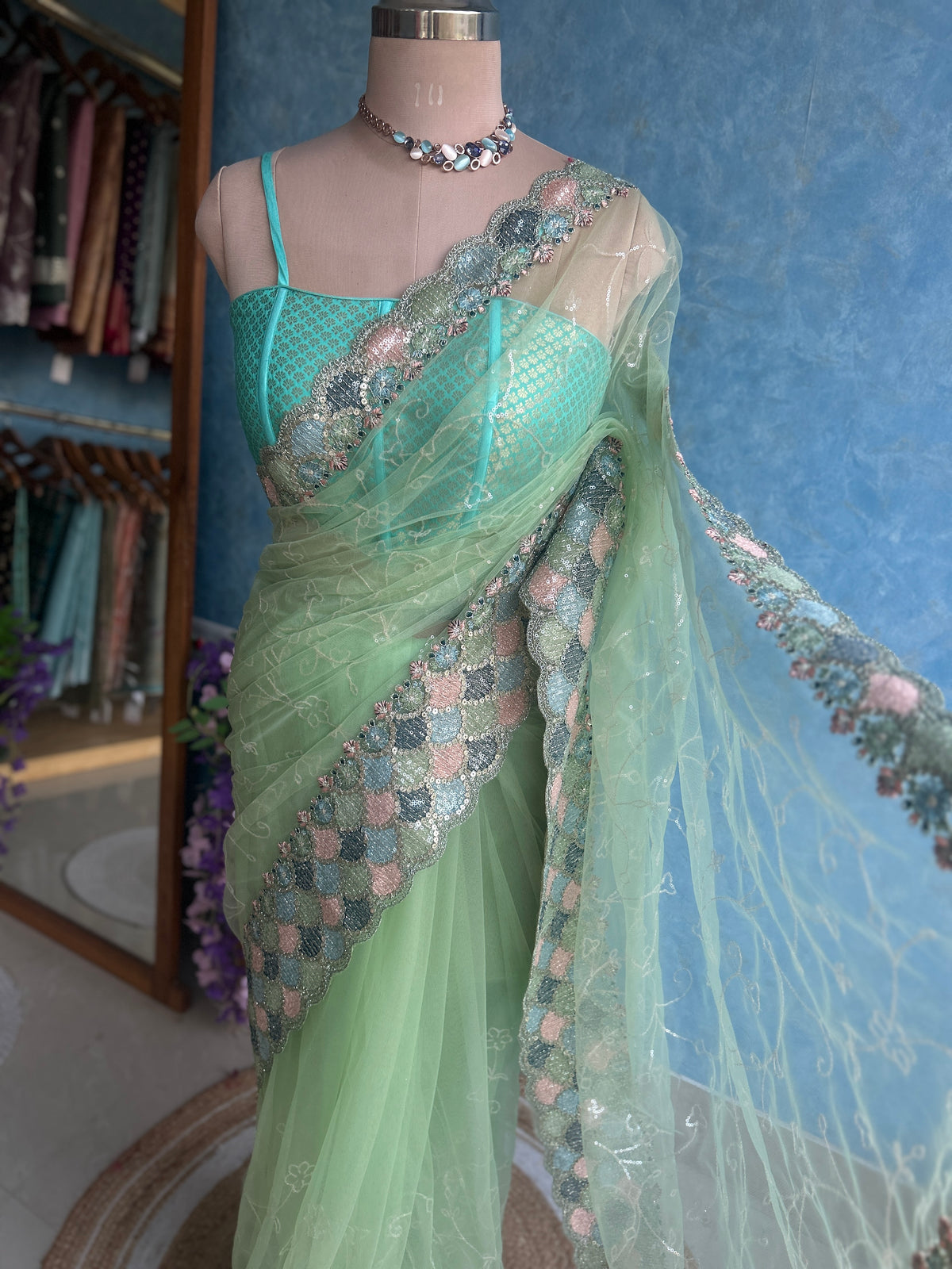 Pistachio Designer Net Sari — view 4