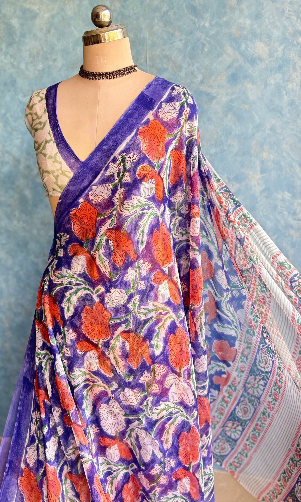 Purple Chiffon Handblock Printed Saree — view 4