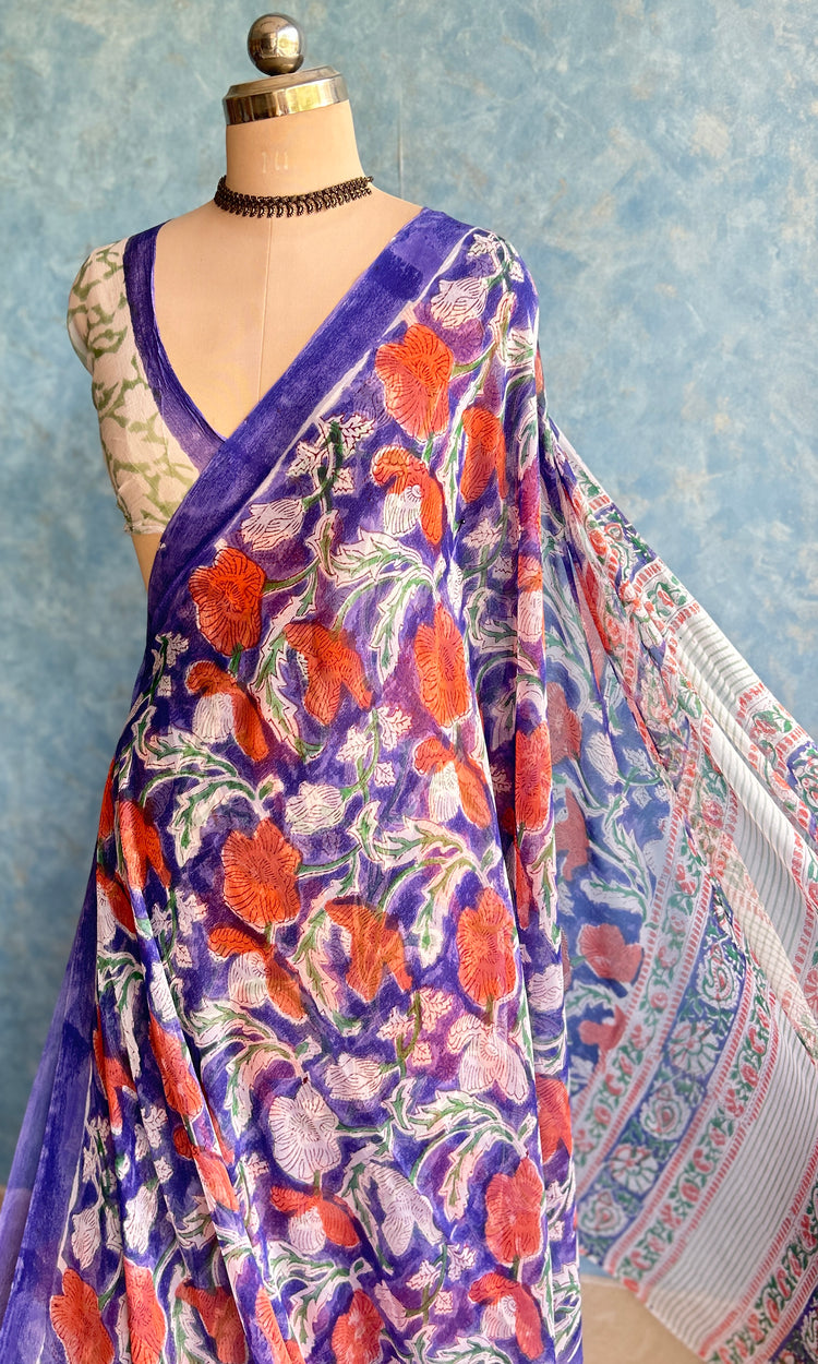Purple Chiffon Handblock Printed Saree