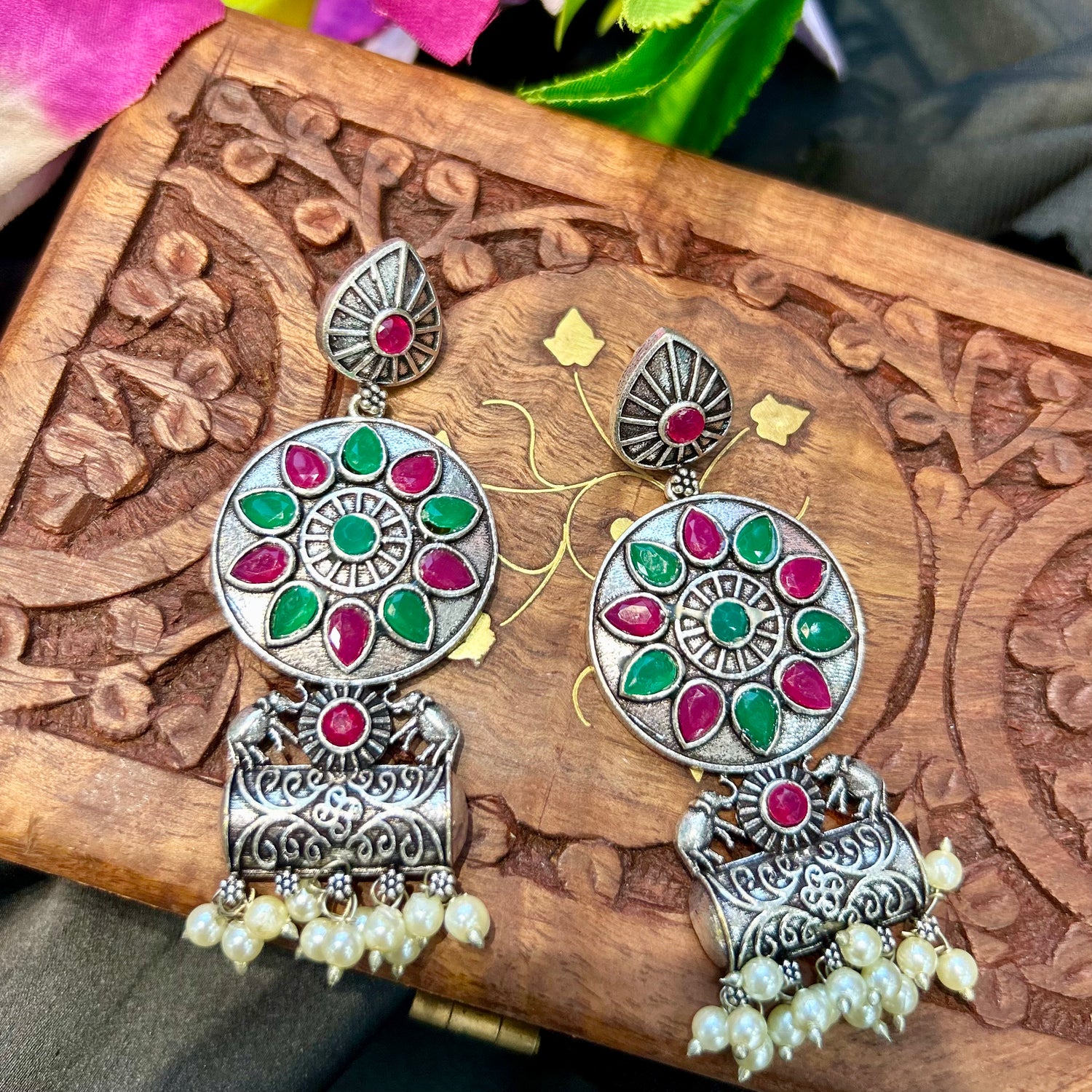 Multicolour Stone Silver Oxidised Earrings — view 2