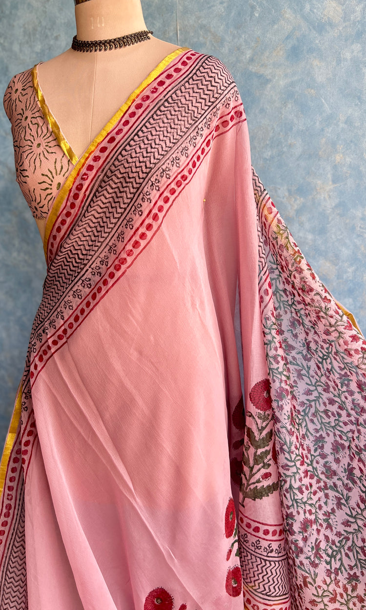 Chiffon Handblock Printed Saree