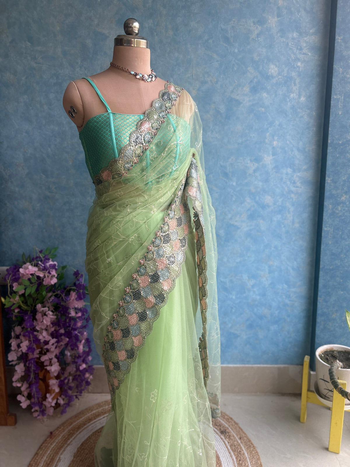 Pistachio Designer Net Sari — view 3