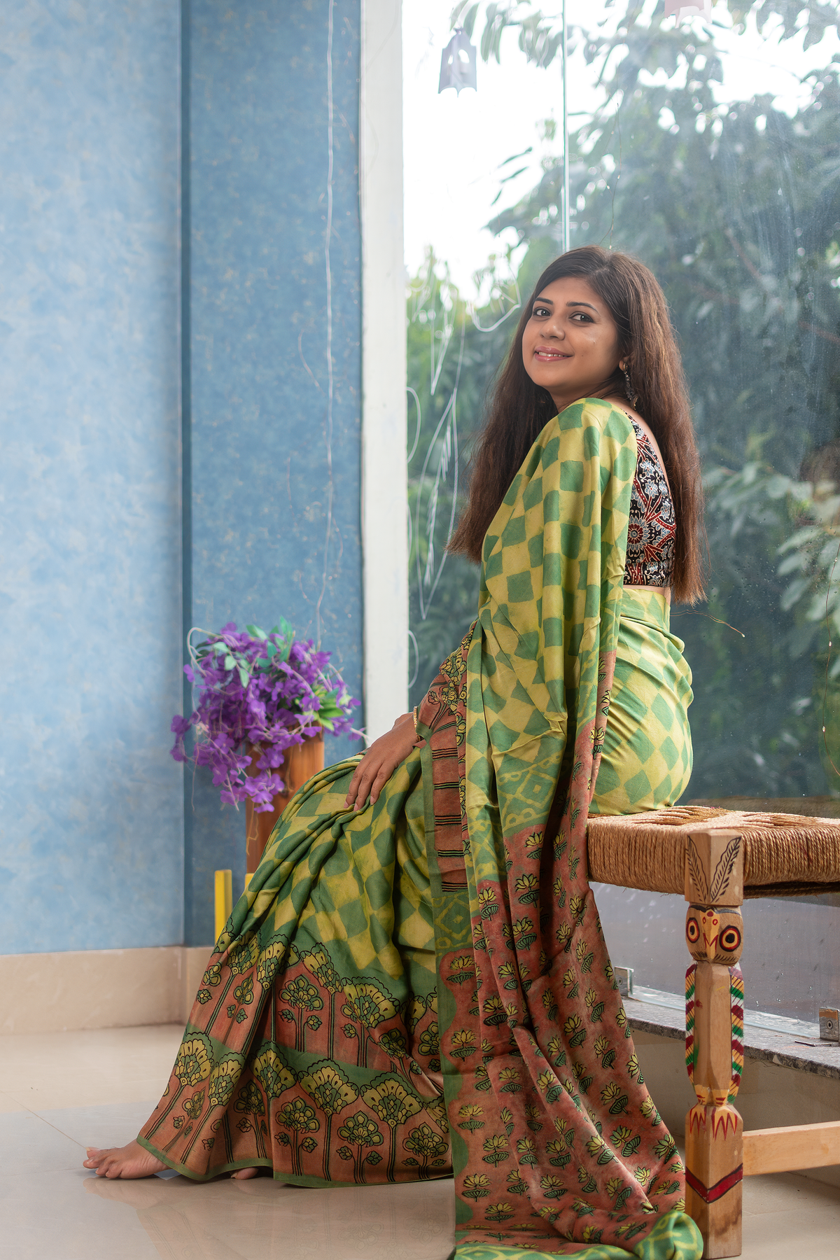 Lime Yellow Modal Tussar Ajrakh Saree — view 4