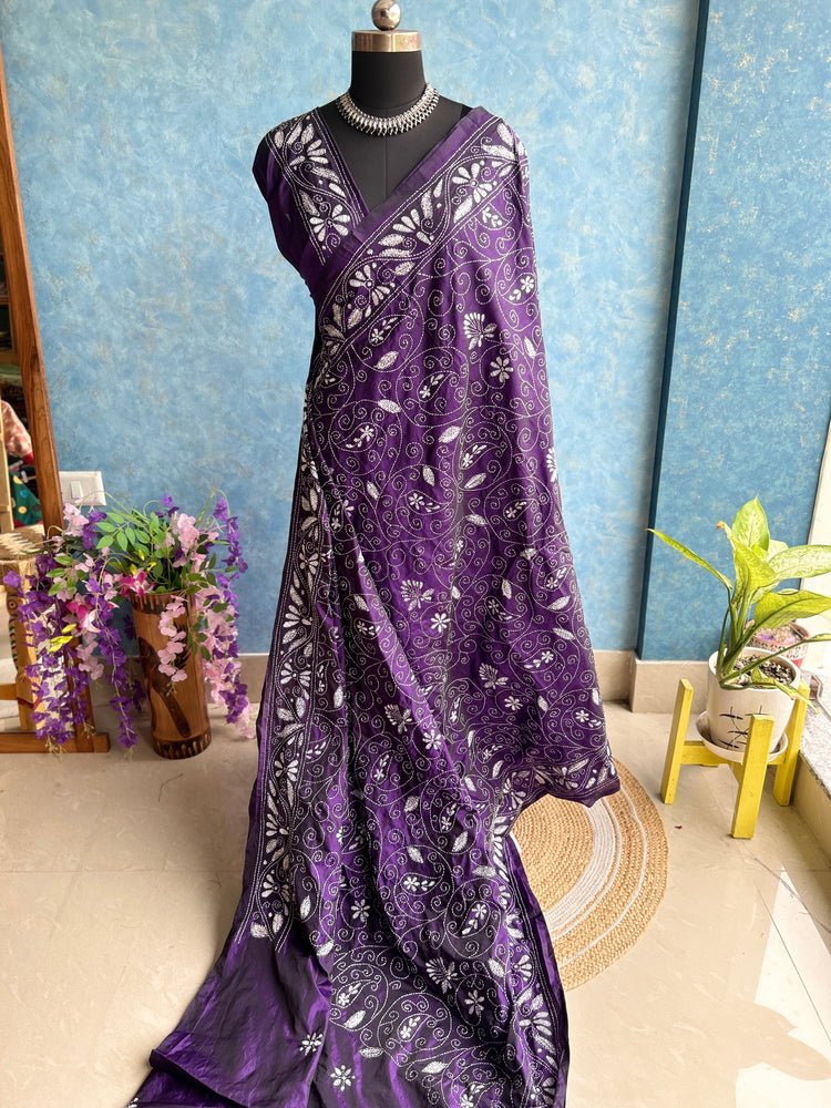 Mauve - Kantha Stitched Blended Silk Saree