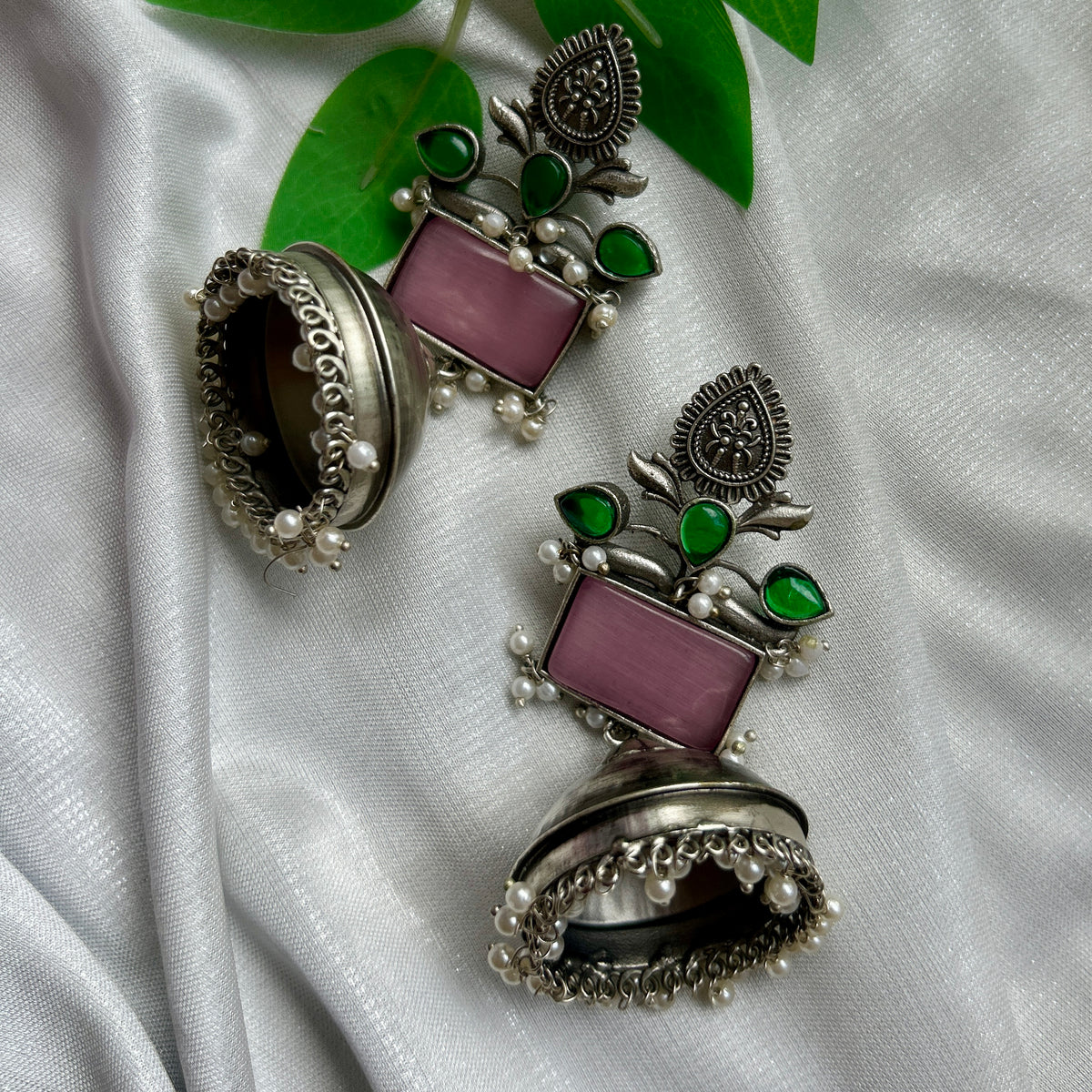 Baby Pink Silver Oxidised Jhumka