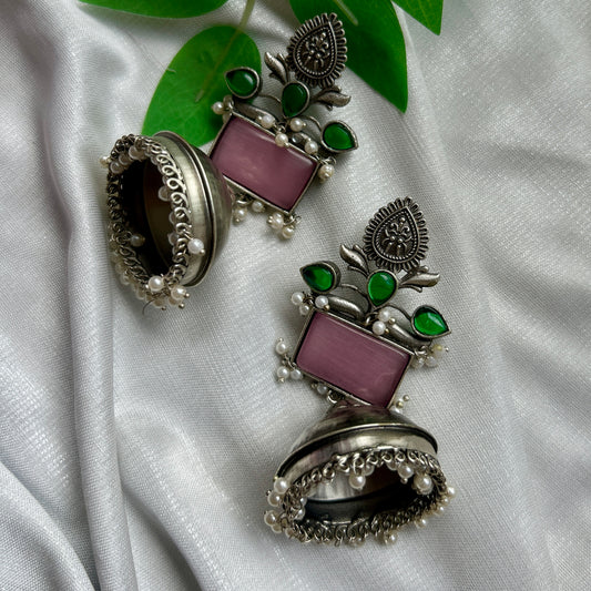 Baby Pink Silver Oxidised Jhumka