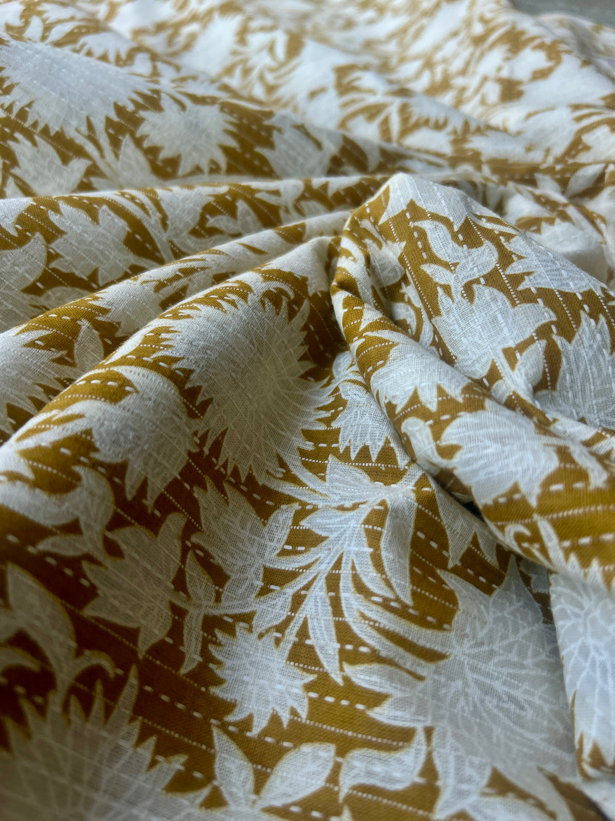 Mustard Ajrakh Print with kantha on Cotton Fabric — view 4