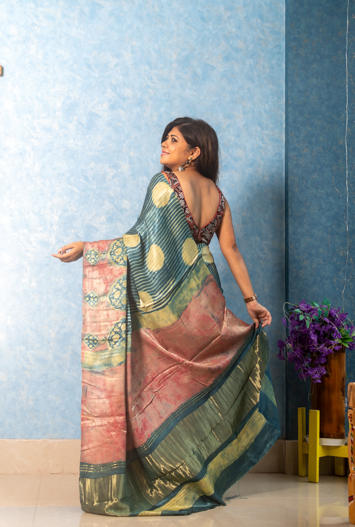 Teal Blue Premium Modal Ajrakh Saree — view 3