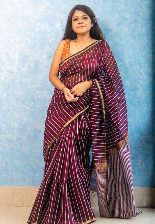 Burnt Marron Handwoven Maheshwari Sari