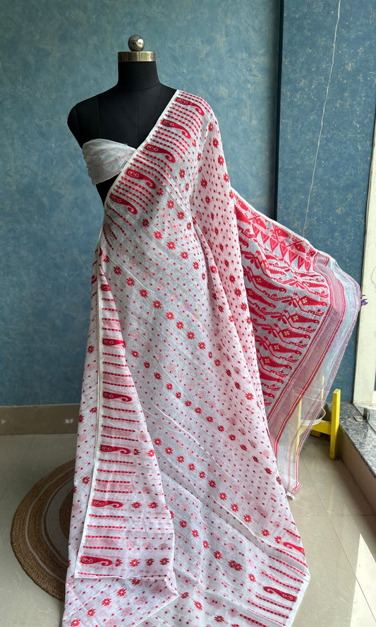 White Red Soft Dhakai Jamdani
