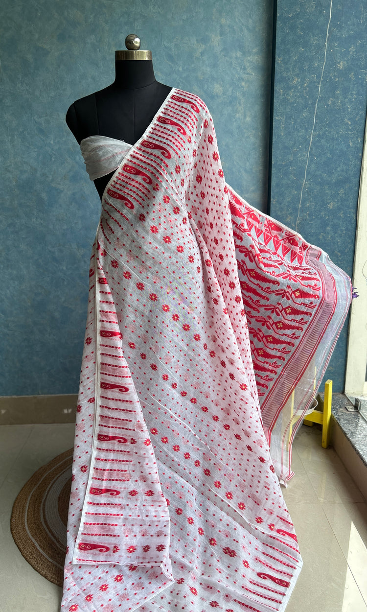 White Red Soft Dhakai Jamdani