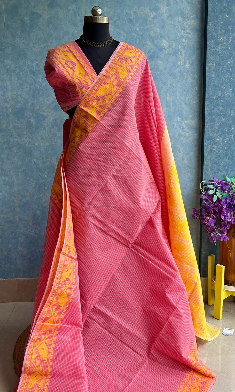 Candy Pink - Yellow Semi Hard Dhakai Jamdani