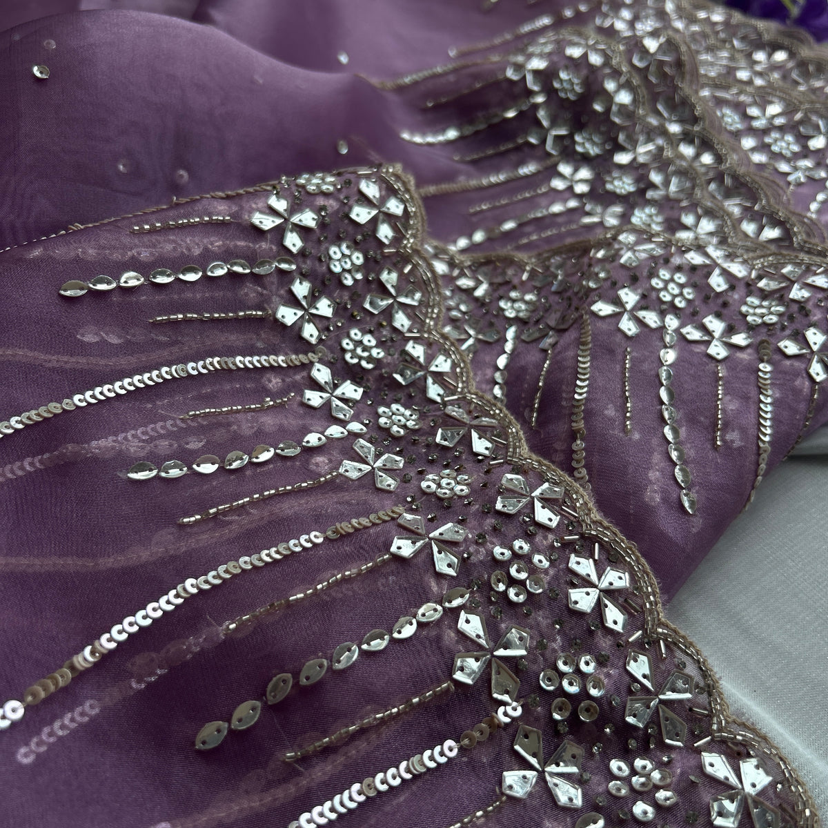 Mauve and Perl Colour Hand Embroidery on Organza Sari — view 2