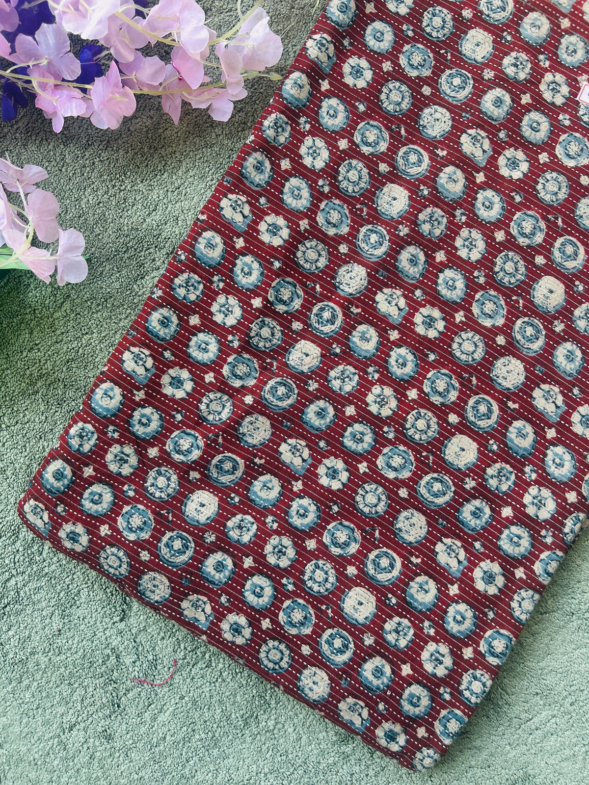 Maroon Ajrakh Print with kantha stitch on Cotton Fabric