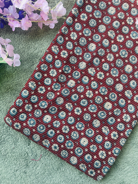 Maroon Ajrakh Print with kantha stitch on Cotton Fabric