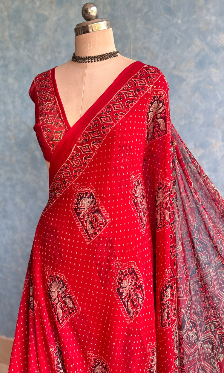 Red Chiffon Handblock Printed Saree