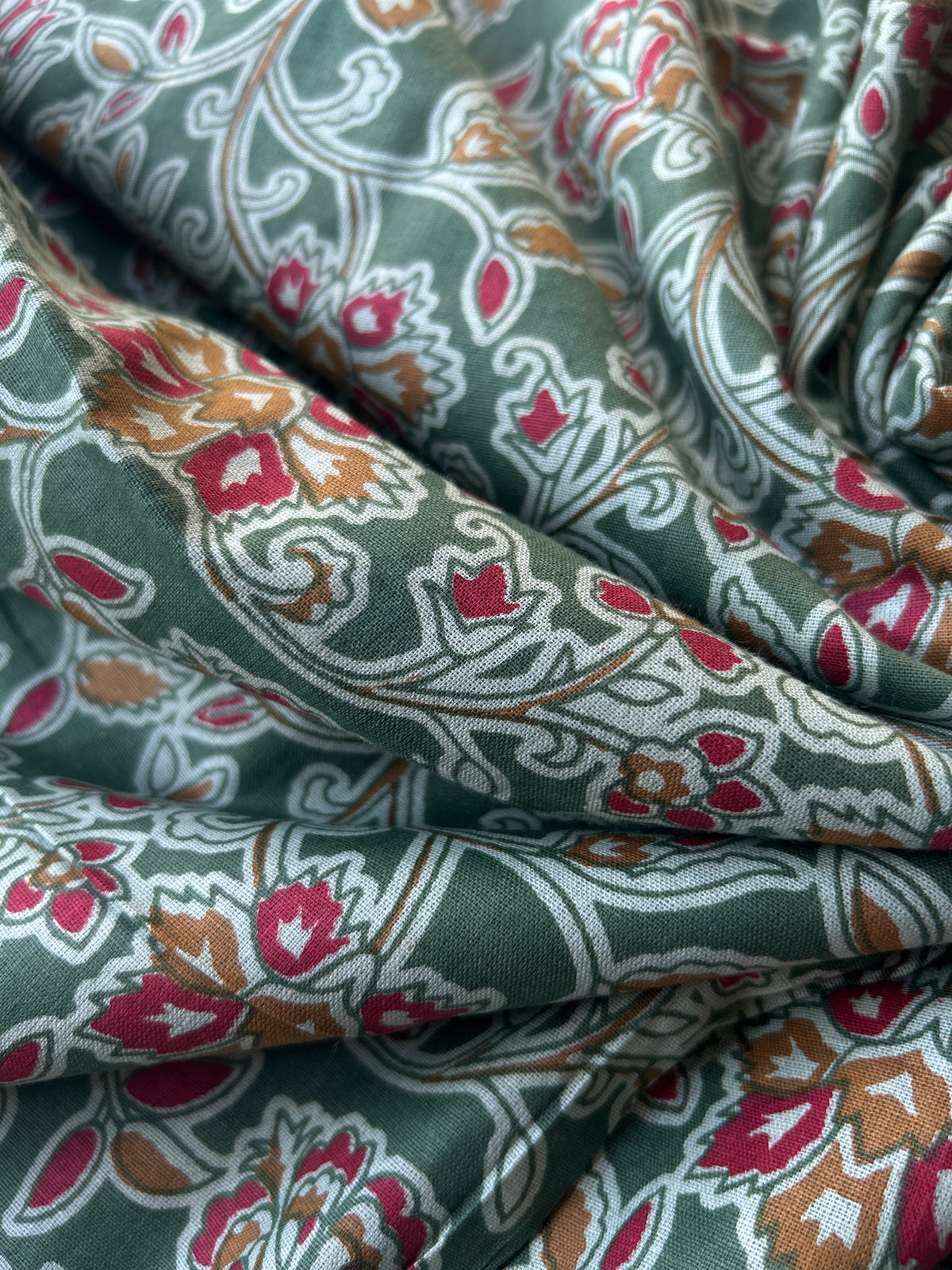 Sap Green Floral Printed Cotton Fabric — view 4