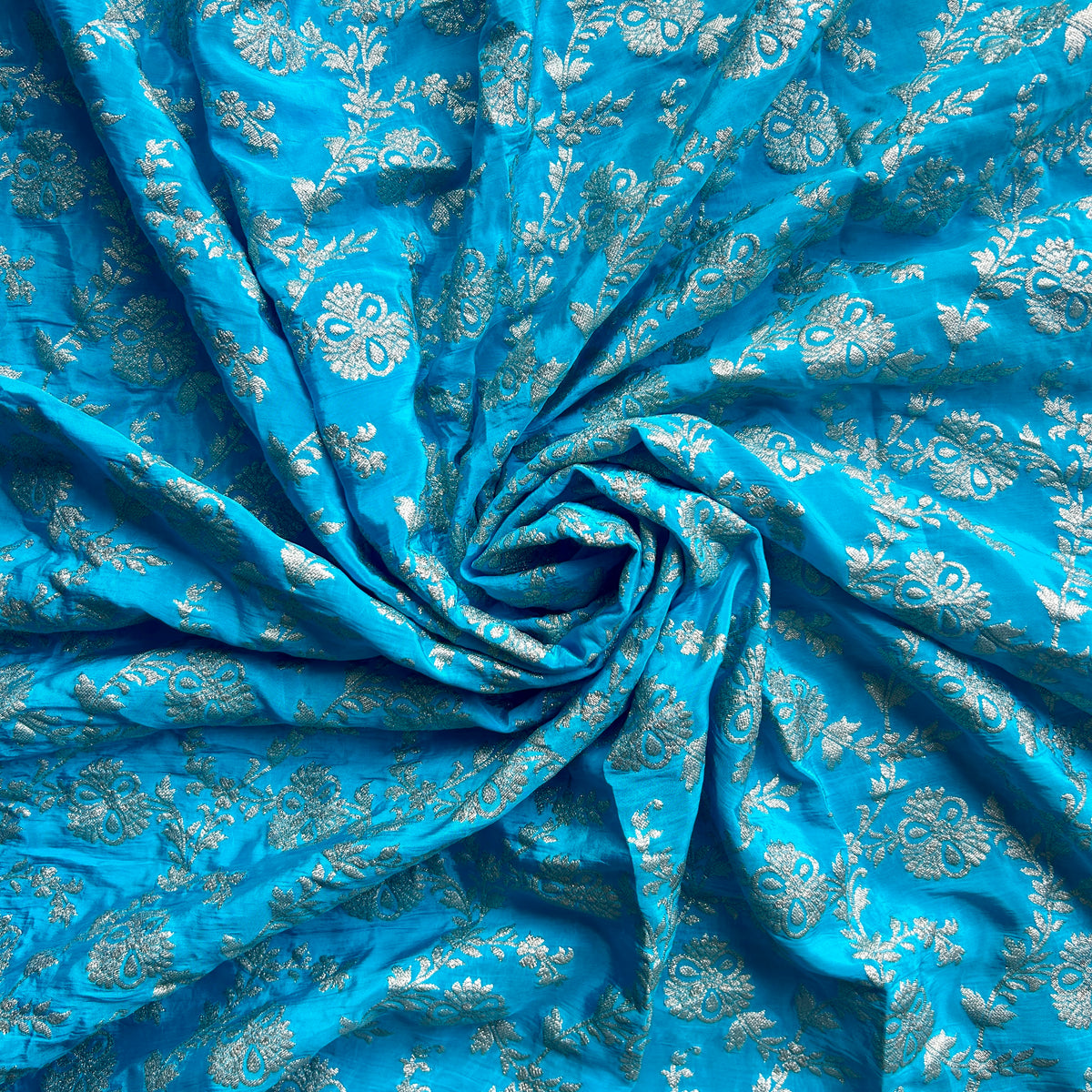 Sky Blue Crepe Jacqaurd Zari Woven Fabric