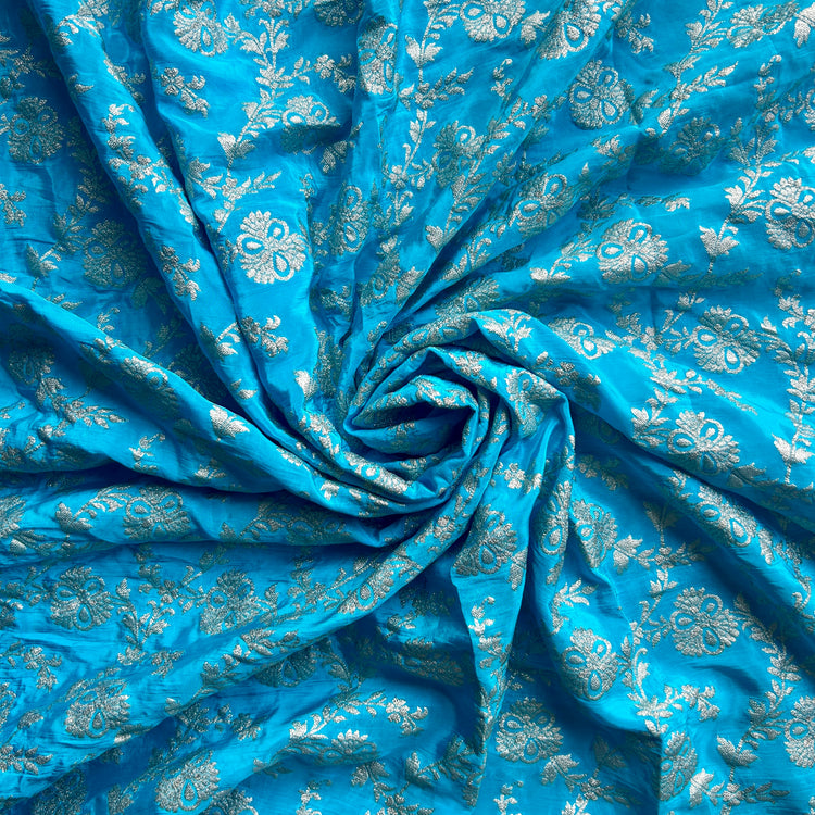 Sky Blue Crepe Jacqaurd Zari Woven Fabric