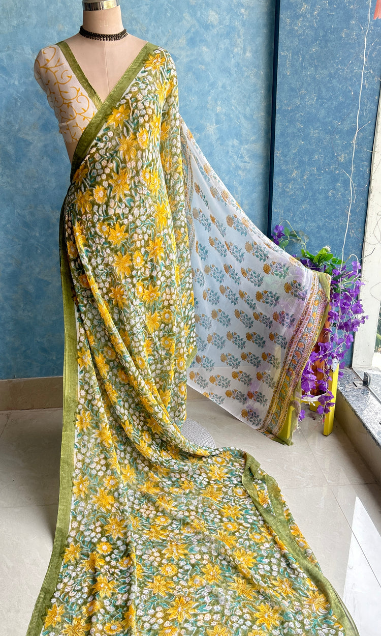 Floral Chiffon Handblock Printed Saree