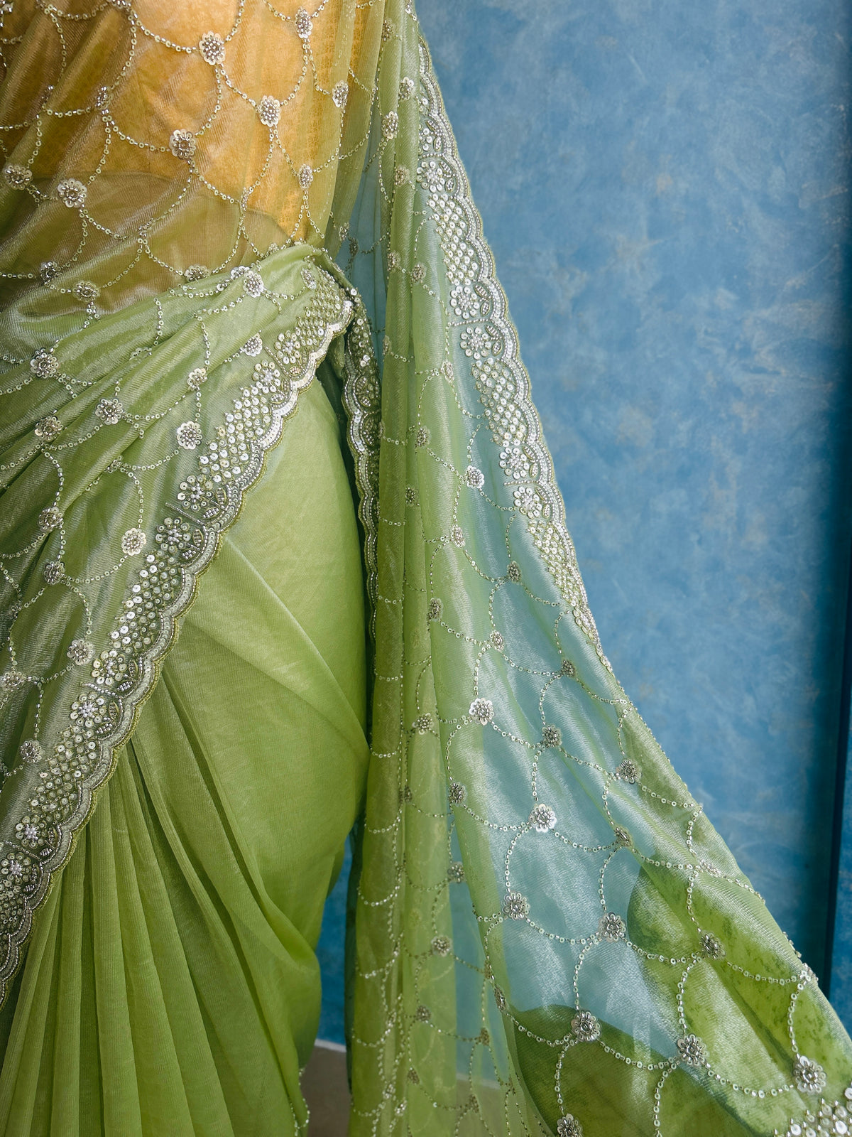 Sheen Green Hand Embroidery on Tissue Sari — view 8