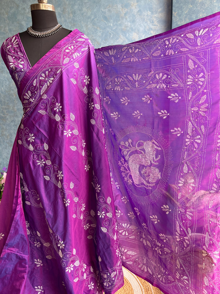 Orchid - Kantha Stitched Blended Silk Saree