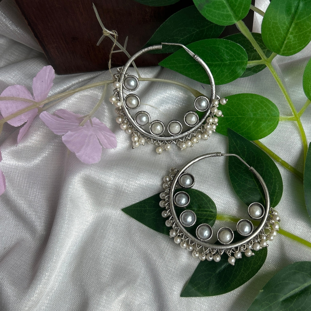 White Silver Oxidised Earrings — view 2