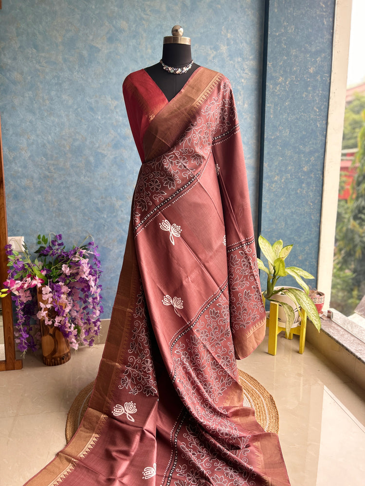 Cinnamon Handblock Bishnupuri Silk Sari