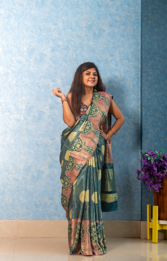 Teal Blue Premium Modal Ajrakh Saree