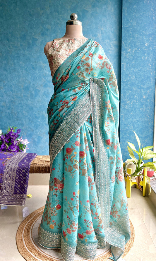 Powder Blue Digital Printed Chanderi Sari
