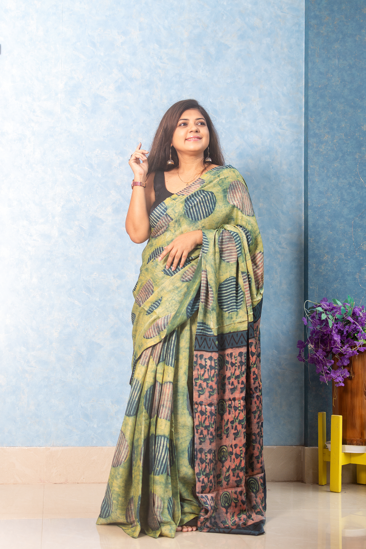 Contemporary Abstract Modal Tussar Ajrakh Saree