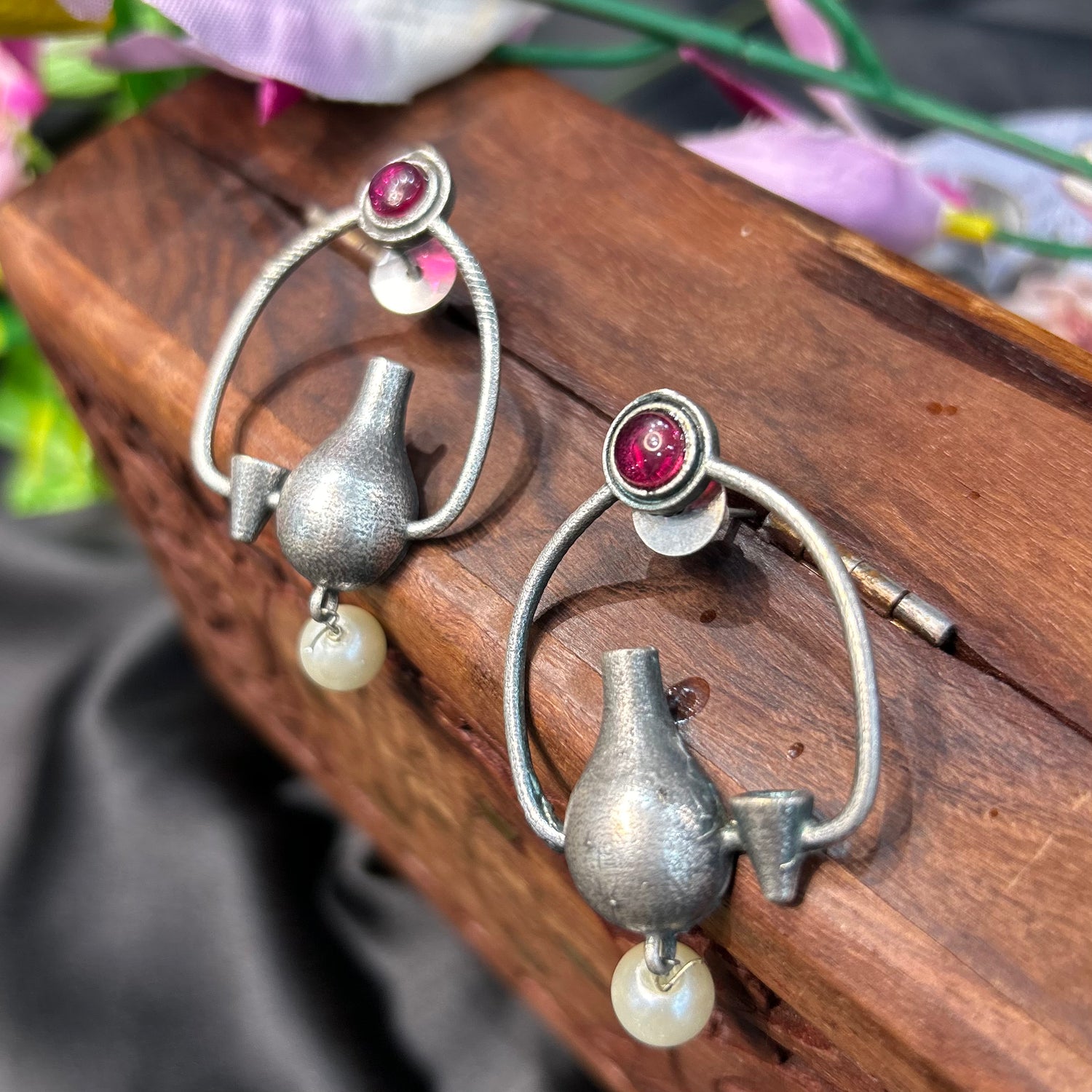 Pink Stone Silver Oxidised Earrings — view 2