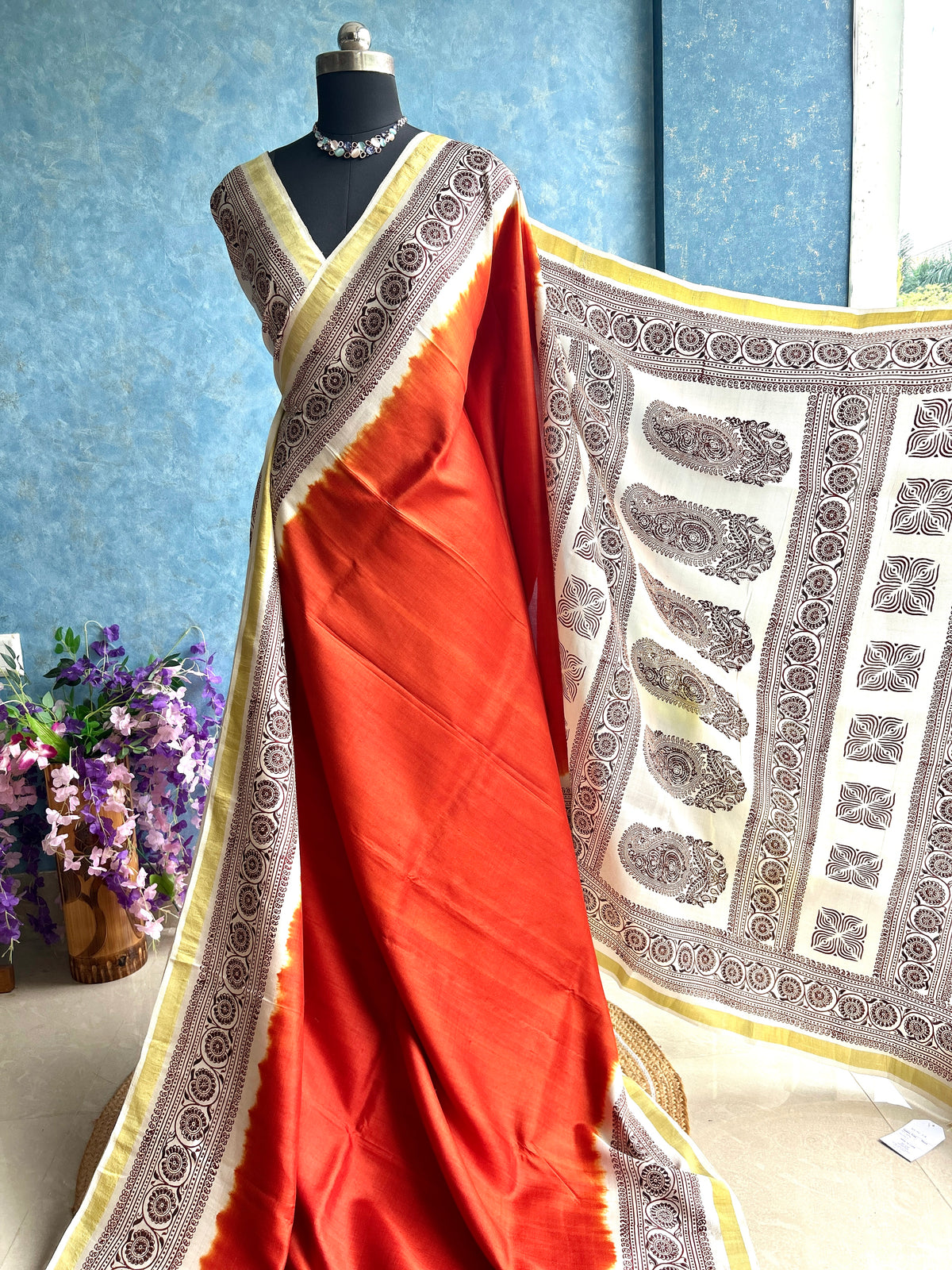 Neo Orange Handblock Bishnupuri Silk Sari — view 2