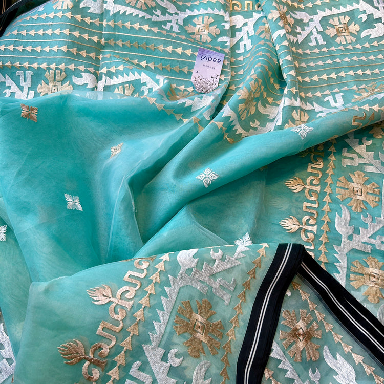 Mint Resham Silk Muslin Jamdani Saree