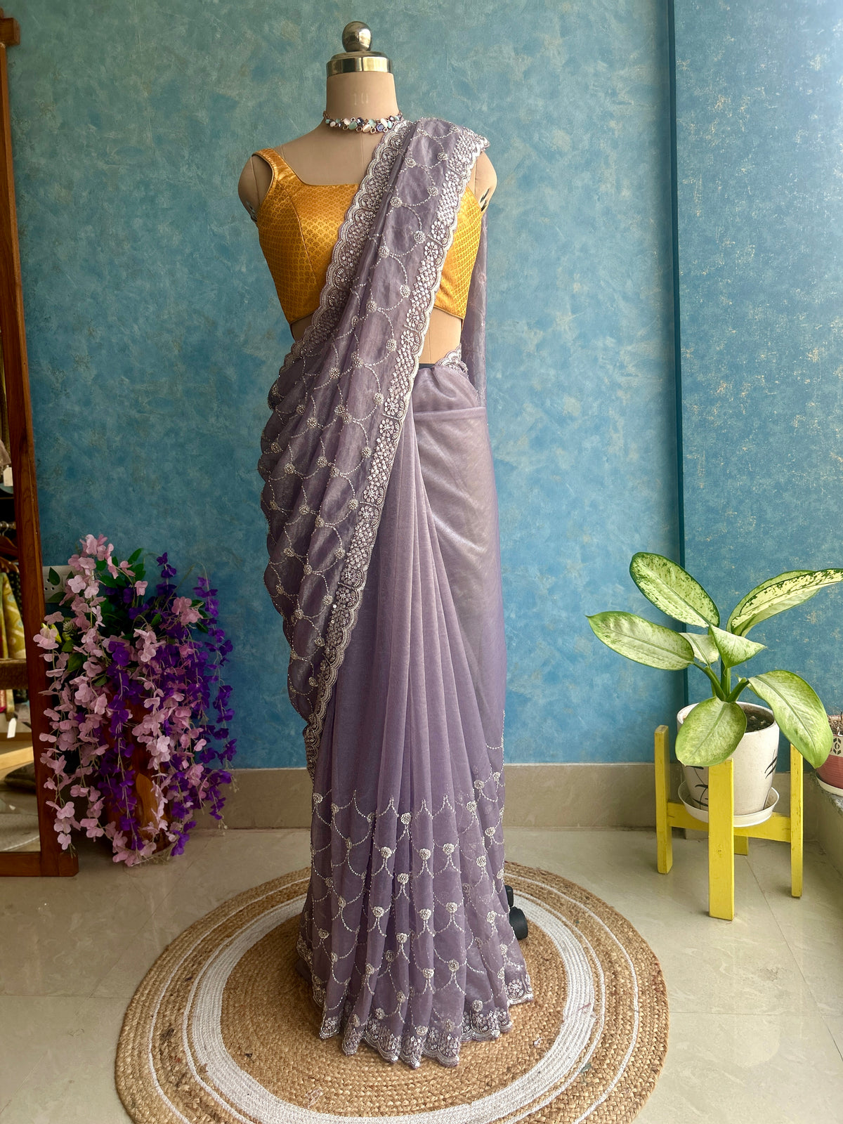 Light Purple Hand Embroidery on Tissue Sari — view 5