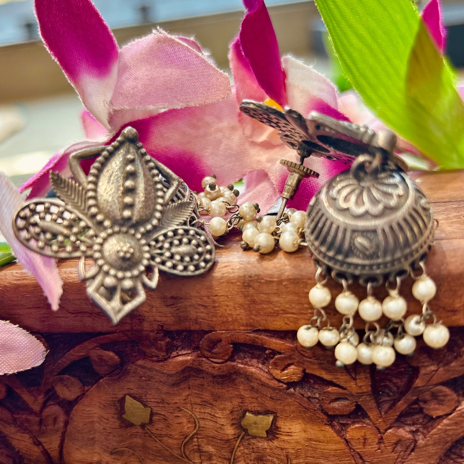 Black polished Silver Oxidised Jhumka — view 3