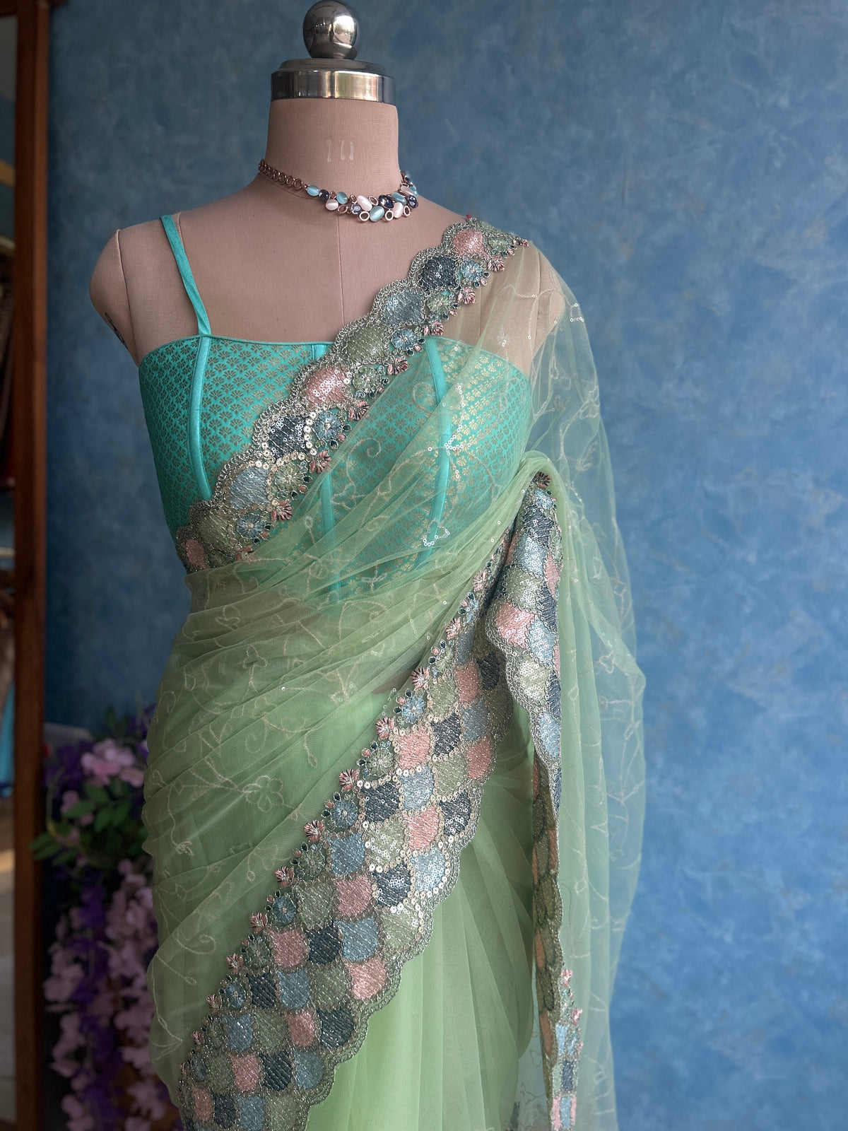 Pistachio Designer Net Sari — view 5