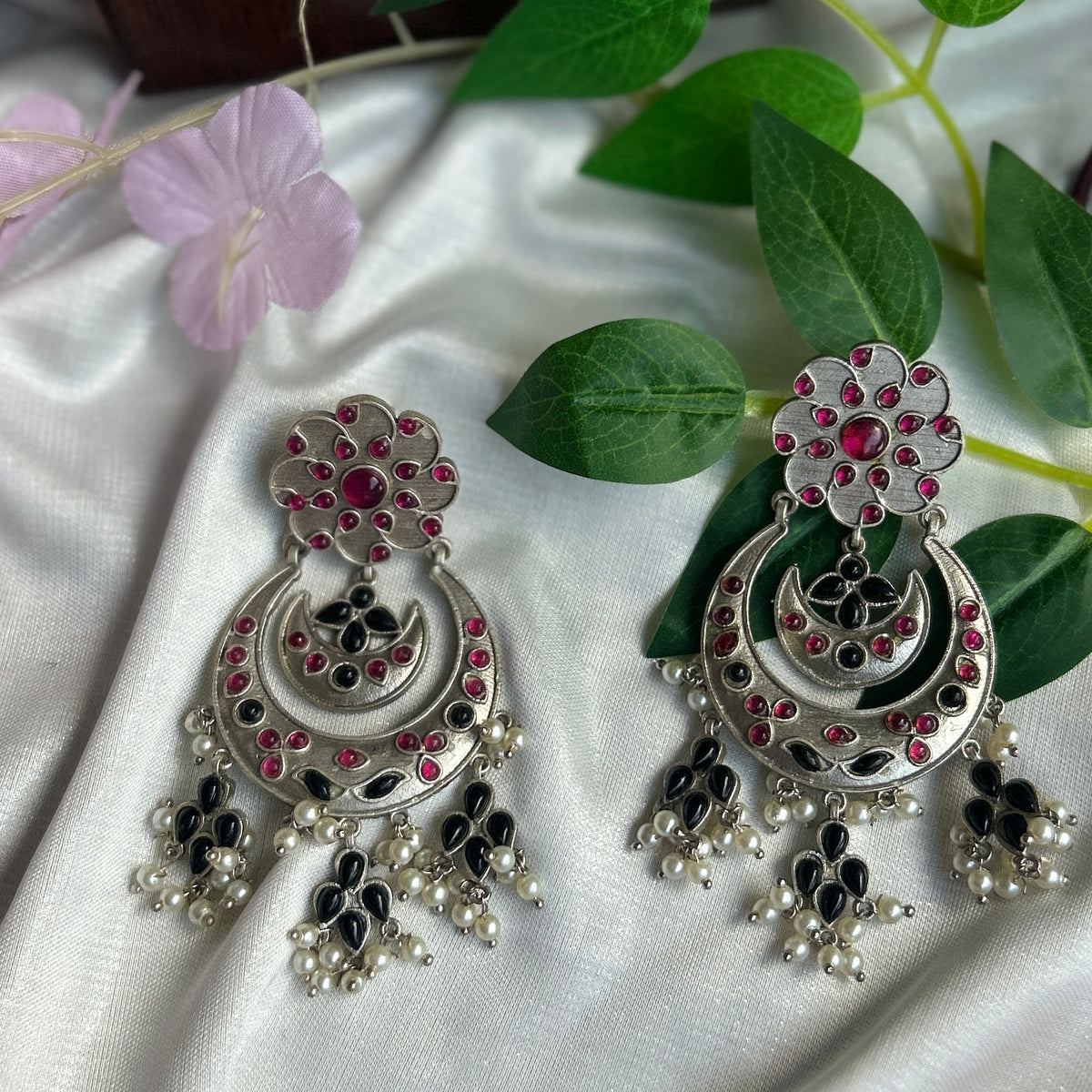 Pink and Black Silver Oxidised Earrings