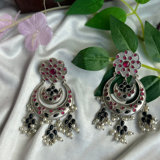 Pink and Black Silver Oxidised Earrings