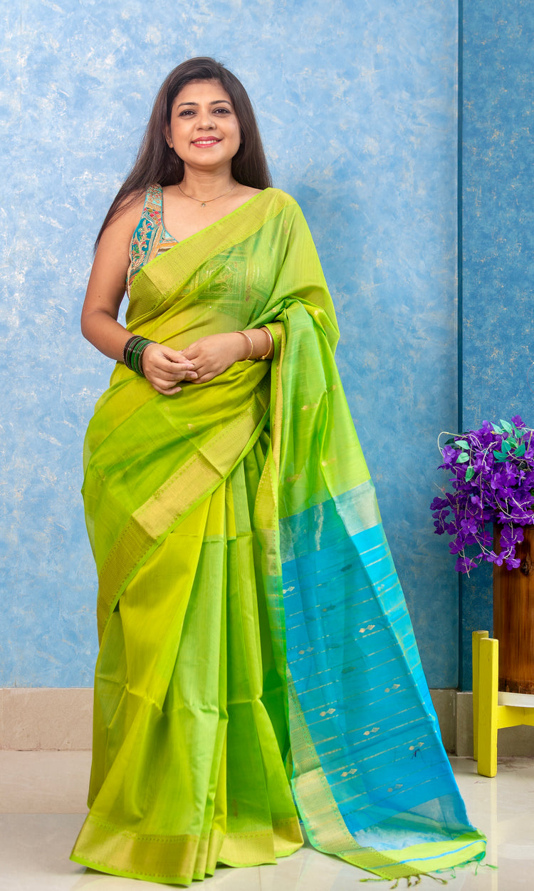 Pure Silk Handwoven Green Maheshwari Sari