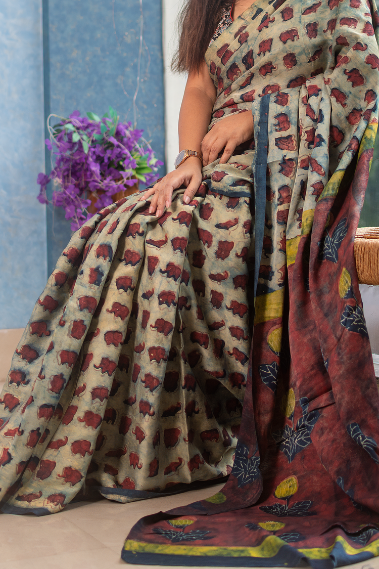 Natural Pomegranate Peel Dyed Modal Tussar Ajrakh Saree