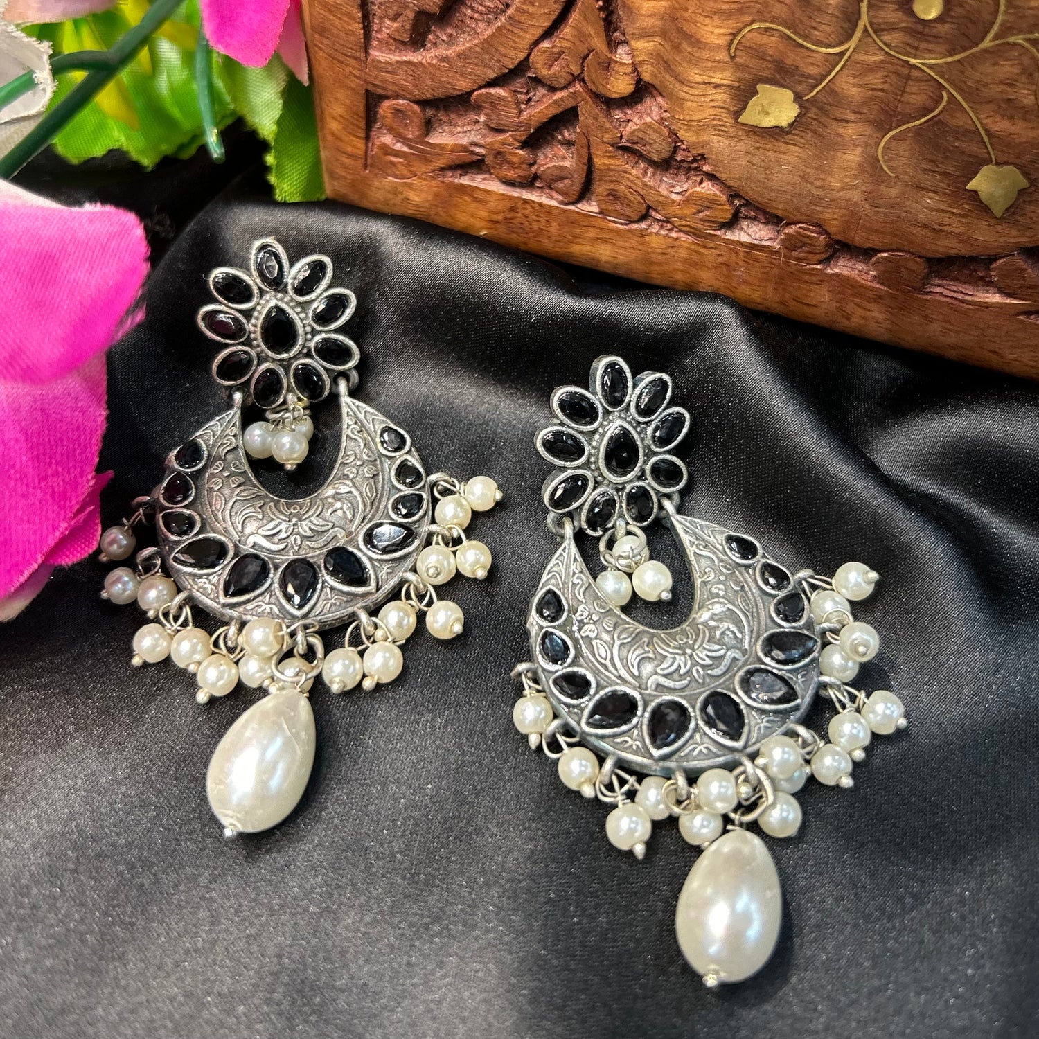 Black Stone Oxidised Earring — view 2