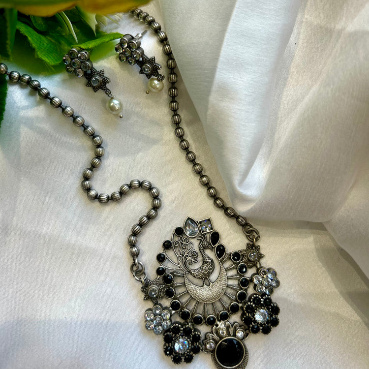 Peacock Black Stone Oxidised Necklace Set