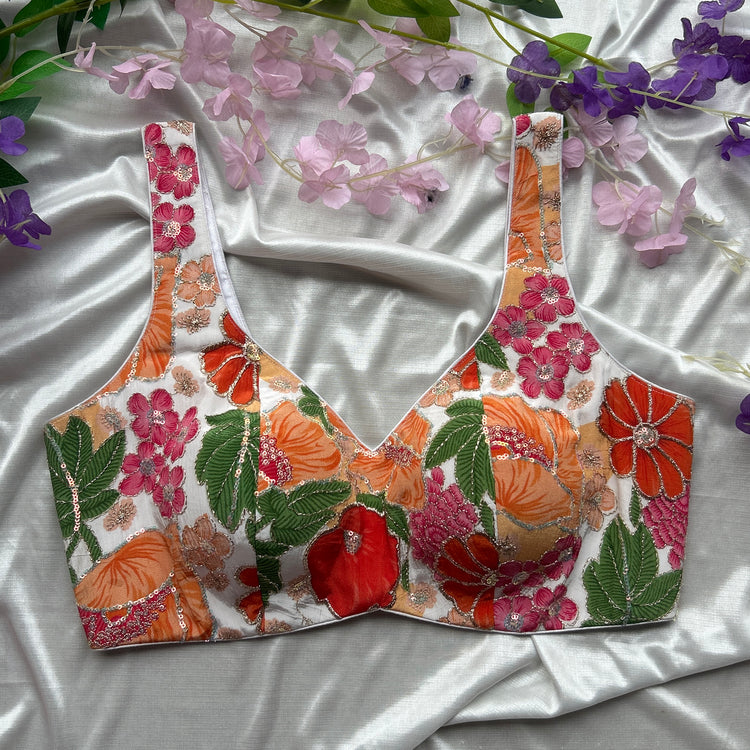White Base Floral Designer Blouse