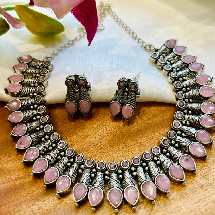 Baby Pink Silver Look Alike Oxidised Necklace Set